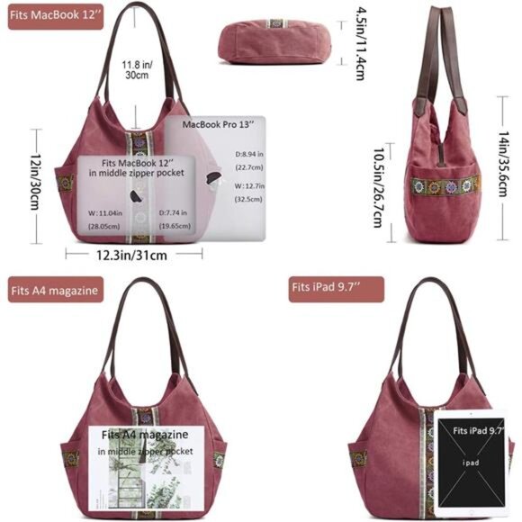 Women Canvas Hobo Purse Multi Pocket Tote Shopper Shoulder Bag Casual Top Handle - Picture 5 of 7